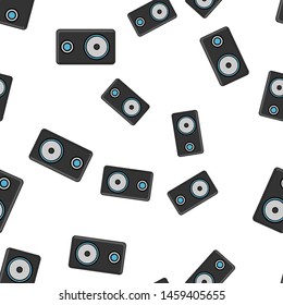 Seamless pattern, texture of modern musical black speakers for playing music tracks, melodies, technology isolated on white background. Vector illustration
