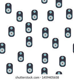 Seamless pattern, texture of modern musical black speakers for playing music tracks, melodies, technology isolated on white background. Vector illustration