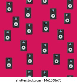 Seamless pattern, texture of modern musical black speakers for playing music tracks, tunes, technology isolated on a purple background. Vector illustration