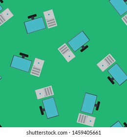 Seamless pattern, texture of modern powerful digital office computers with a monitor and a rectangular system unit, technology isolated against a green background