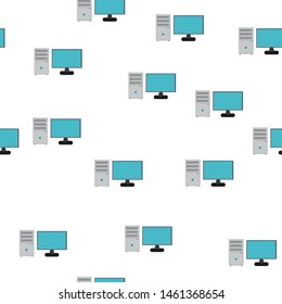 Seamless pattern, texture of modern powerful digital office computers with a monitor and a rectangular system unit, technology isolated on a white background