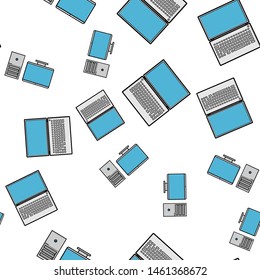 Seamless pattern, texture of modern powerful digital laptops and office computers with a monitor and a rectangular system unit, technology isolated on a white background