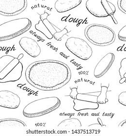 Seamless pattern, texture with monochrome image of dough, rolled dough. Lettering dough, 100% natural, made with love. For the menu, bakery, restaurant. Coloring.