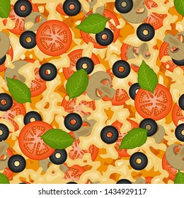 Seamless pattern with texture of mushroom pizza with tomatoes, olives and basil. Pizza menu. For packaging, advertisements, menu. Vector illustration. Realistic.