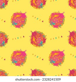 seamless pattern texture on the theme of pizzeria. Creative illustration with abstract image of pizza in the form of colorful stains and splashes on the yellow background