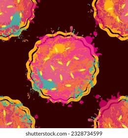 seamless pattern texture on the theme of pizzeria. Creative illustration with abstract image of pizza in the form of colorful stains and splashes on black background
