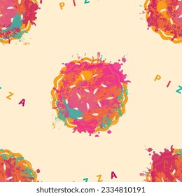 seamless pattern texture on the theme of pizzeria. Creative illustration with abstract image of pizza in the form of colorful stains and splashes on the yellow background
