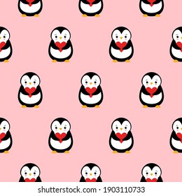 seamless pattern texture of penguin and heart on pink background.