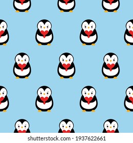 nahtlose Muster-Struktur von Pinguin und Herz auf blauem Hintergrund.