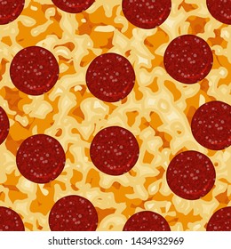 Seamless pattern with texture of pepperoni pizza with tomatoes. Pizza menu. For packaging, advertisements, menu. Vector illustration. Realistic.