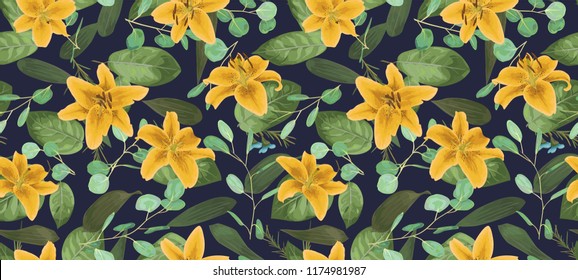 Seamless pattern, texture print with light watercolor styl, green color,eucalyptus, yellow lily, plants,blue background. Tender, elegant textile fabric, wrapping paper backdrop layout
