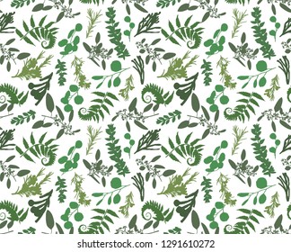 Seamless pattern, texture print with light watercolor hand drawn green eucalyptus ,forest fern, branches boxwood, brunia, buxus. Tender, elegant textile fabric, silhouette of plants on a background
