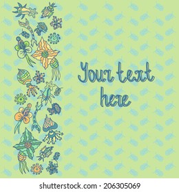 Seamless pattern texture print underwater ocean exotic flowers creatures colorful background frame design fabrics drawing nature water abstract creatures sketch