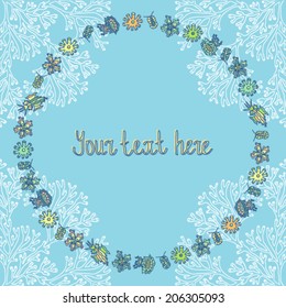 Seamless pattern texture print underwater ocean exotic flowers creatures colorful background frame design fabrics drawing nature water abstract creatures sketch