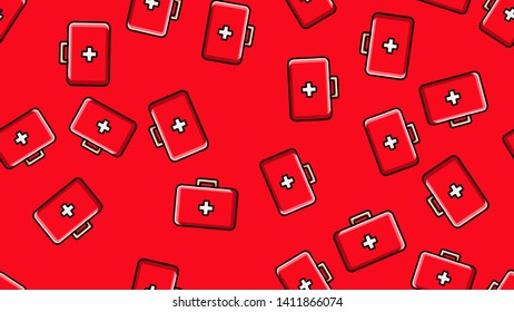 Seamless pattern texture of red medical pharmaceptic first aid kits with medicine, drugs on a red background. Vector illustration