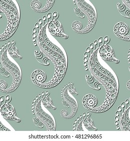 Seamless pattern (texture) with seahorse (hippocampus). Seafood infinite background. Suitable for design: cloth, web, wallpaper, wrapping. Vector illustration.