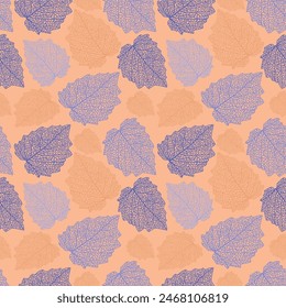 Seamless pattern of texture and structure of leaf on bright orange background. Presented through the different direction positioning of leaf. This format is suitable for printing on fabric and textile