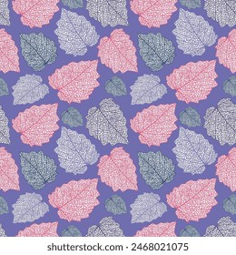 Seamless pattern of texture and structure of leafs on soft blue background. Presented through the different direction positioning of leafs. This format is suitable for printing on fabric and textiles.