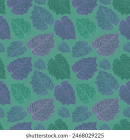 Seamless pattern of texture and structure of leafs on dark green background. Presented through the different direction positioning of leafs. This format is suitable for printing on fabric and textiles