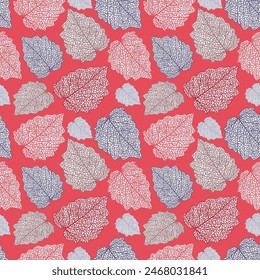 Seamless pattern of texture and structure of leafs on red background. Presented through the different direction positioning of leafs. This format is suitable for printing on fabric and textiles.