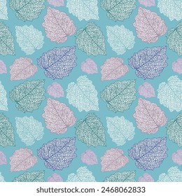 Seamless pattern of texture and structure of leafs on soft green background. Presented through the different direction positioning of leafs. This format is suitable for printing on fabric and textiles