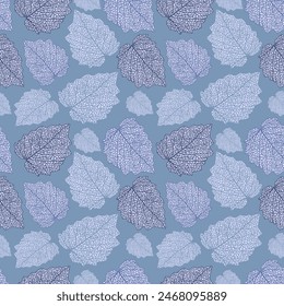 Seamless pattern of texture and structure of leafs on soft blue background. Presented through the different direction positioning of leafs. This format is suitable for printing on fabric and textiles.