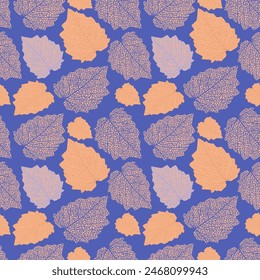 Seamless pattern of texture and structure of leafs on bright blue background. Presented through the different direction positioning of leafs. This format is suitable for printing on fabric and textile