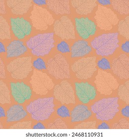 Seamless pattern of texture and structure of leafs on dark orange background. Presented through the different direction positioning of leafs. This format is suitable for printing on fabric and textile