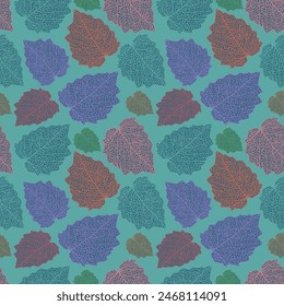 Seamless pattern of texture and structure of leafs on soft green background. Presented through the different direction positioning of leafs. This format is suitable for printing on fabric and textiles