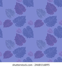 Seamless pattern of texture and structure of leafs on soft purple background. Presented through the different direction positioning of leafs. This format is suitable for printing on fabric and textile