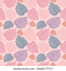Seamless pattern of texture and structure of leafs on bright pink background. Presented through the different direction positioning of leafs. This format is suitable for printing on fabric and textile