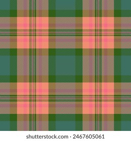 Seamless pattern texture of textile check background with a plaid vector tartan fabric in red and green colors.