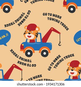 Seamless pattern texture with  tow truck cartoon with funny driver For fabric textile, nursery, baby clothes, background, textile, wrapping paper and other decoration.