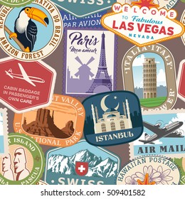 Seamless Pattern Texture Vector Illustration With Lots Of Colorful Stamps Of Travel Destinations And Travel Concepts.