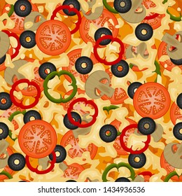 Seamless pattern with texture of vegetarian pizza with tomatoes, peppers, olives and mushrooms. Pizza menu. For packaging, advertisements, menu. Vector illustration. Realistic.