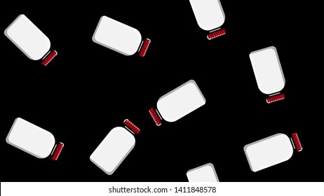 Seamless pattern texture of white plastic medical pharmacetic jars with lids of drugs, drugs on a black background. Vector illustration