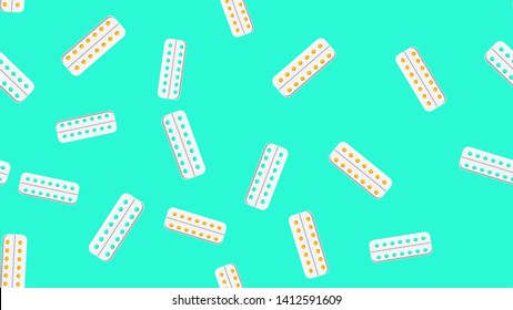 Seamless pattern texture of yellow round medical medicinal pharmaceutical pills tablets in packaging plates on blue background. Vector illustration