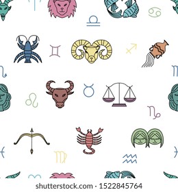 Seamless pattern texture with zodiac signs on white background, vector illustration in doodle style. Endless backdrop with astronomy constellations colorful symbols.