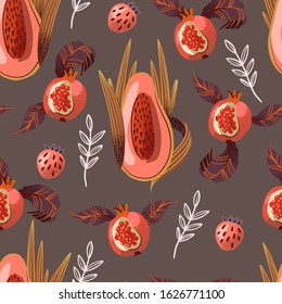 Seamless pattern with textured abstract exotic fruits. Vector.