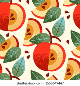 Seamless pattern of textured apples, seeds, leaves on branch