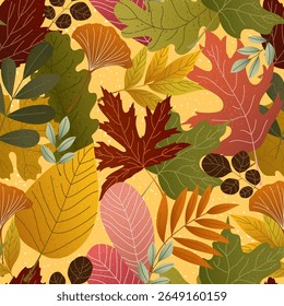 Seamless pattern with textured autumn leaves in rich fall colors. Colorful foliage illustration with warm seasonal vibe. Cozy mood for packaging, wrapping paper, Thanksgiving cards, textile prints