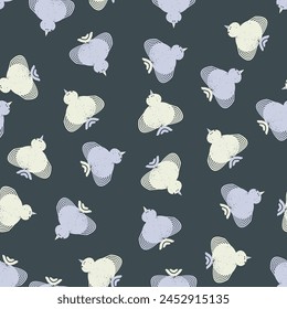 Seamless pattern with textured birds. Stamp technique. Vector background, design