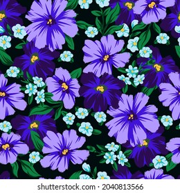 Patrón sin brillo con flores azules texturadas. Vector