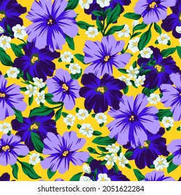 Seamless pattern with textured blue flowers. Vector