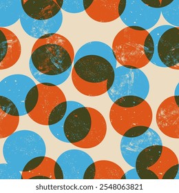 Seamless pattern with textured blue, orange circles, rounds. Vector shapes. Background, illustration, design