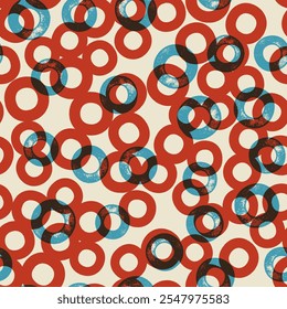 Nahtloses Muster mit strukturiertem Blau, roten Kreisen, Runden. Vektorformen. Hintergrund, Illustration, Design
