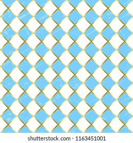Seamless pattern with textured blue and white squares and golden outlines for wrapping paper, textile, decoupage paper, scrapbooking, background, decoration, Oktoberfest, packaging,cover of notebook