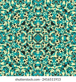 Seamless pattern with a textured blue and white mandala on a black background. Vector illustration