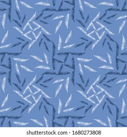 Seamless pattern. Textured brush. Abstract set of spots in the form of leaves arranged in a geometric order. Design for paper, textile, fabric, ceramics, tiles. Vector graphics. Blue background