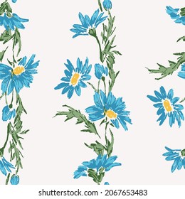 Seamless pattern of textured brush drawings blue garden daisies